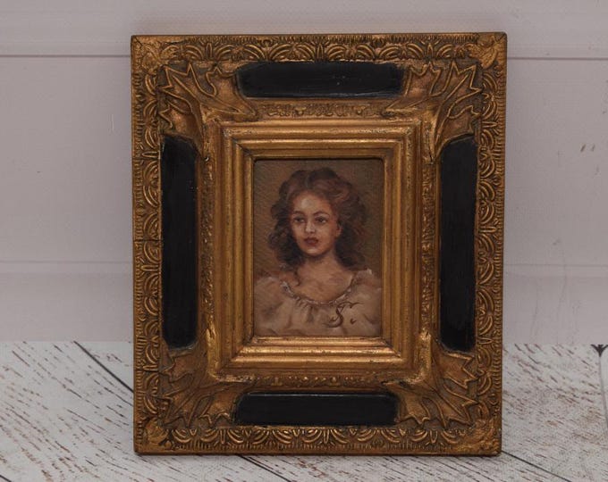Antique French Painting - Portrait Woman - Goldene Frame - Old Oil on Wood - French Art - Wall Decor - Gift for Birthday Wedding