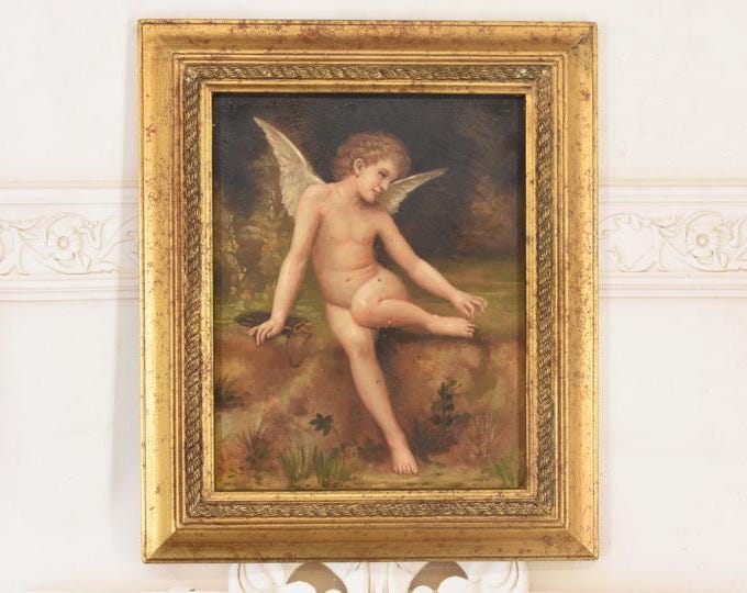 Seated Winged Cupid Oil Painting | Thoughtful Romantic Cherub on Wood from French Estate