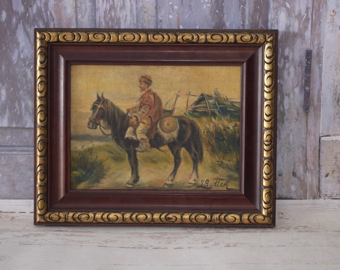 Genre Scene Polish Painting - Cossack on Horse - Ludwik Gedlek - Old Painting on Wood - Exclusive Gift - Home Decor - Wall Decor