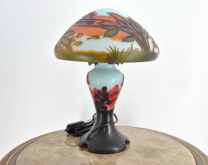 Limited Lamp – Emile Gallé Style Desk Lamp with Botanical Motifs – Art Nouveau Glass Table Lamp, Vintage Office Decor Gift