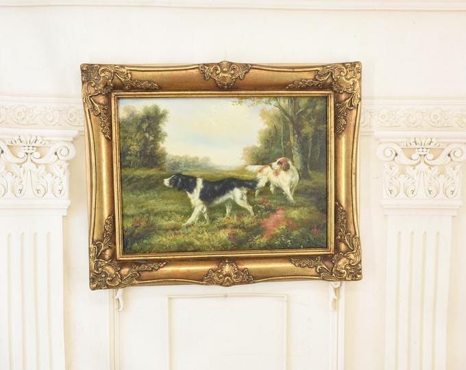 Framed Oil Painting – Two Hunting Dogs, French Art