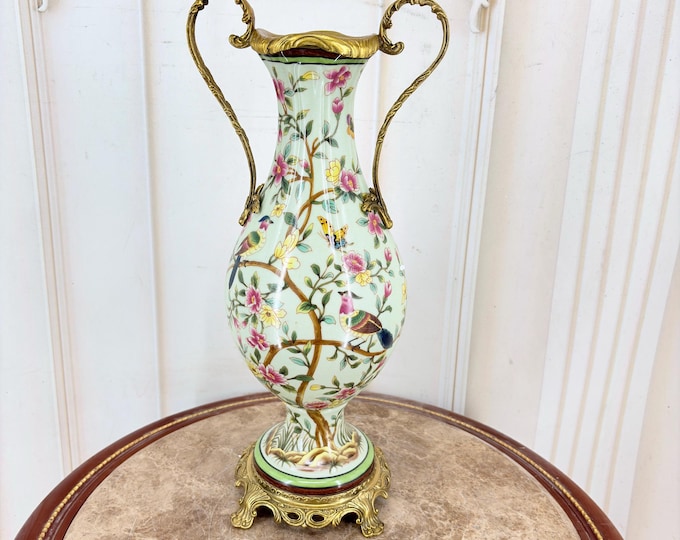 Large Beige Porcelain Vase With Bronze Mounts – Art Nouveau Botanical Motif – Secession Style Home Decor – Wedding Gift Idea