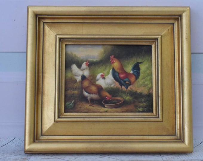 Wonderful Large Painting Family Rooster and Hen - Painting in Golden Frame - Painting Art Work - Wall Decor - Amazing Home Decor