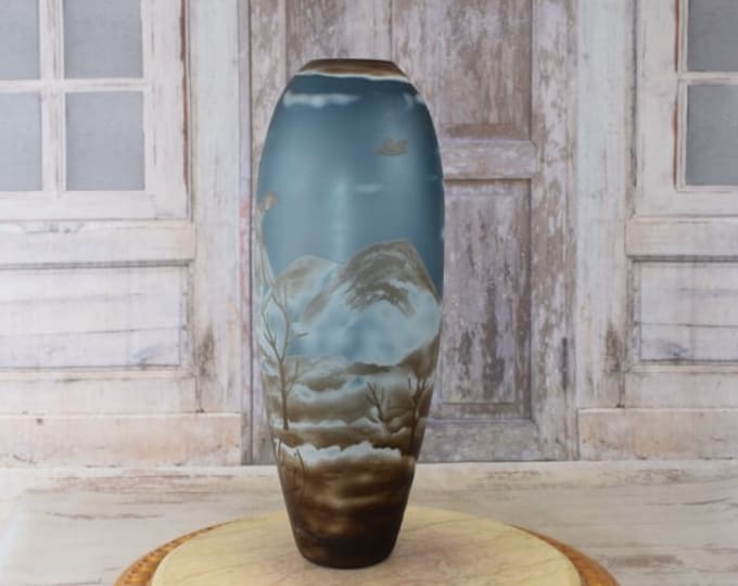 Limited Flower Vase - Blue Color Glass Vase - Emile Galle Style - Signature Mark - Wedding Gift Idea - Home Decor