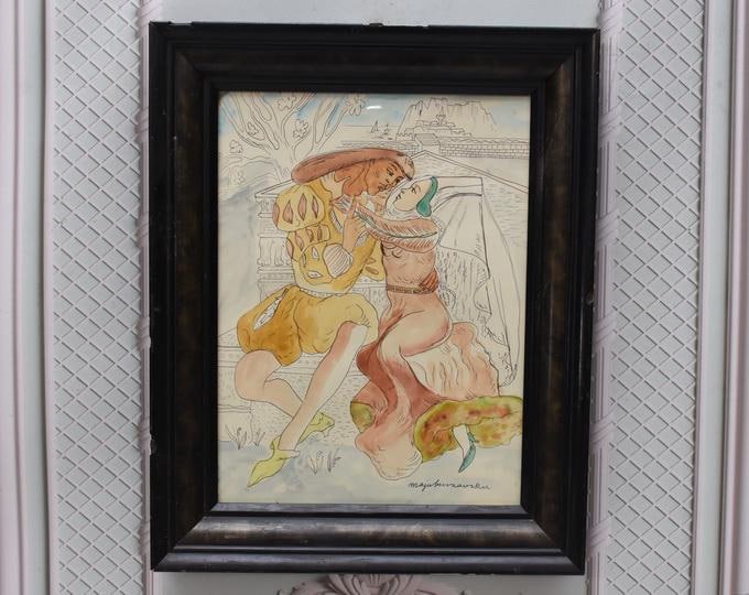 Maja Berezowska – Embracing Lovers – Intimate Couple – Watercolor & Ink on Paper – Vintage Artwork