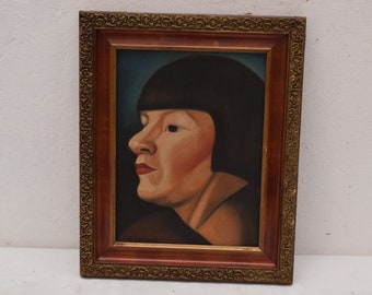 Painting Tamara De Lempicka Style - portrait woman - Old Oil on Wood - Polish Art Gift Art Deco