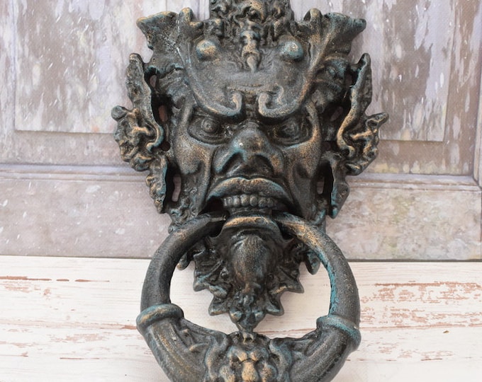 Cast Iron Head Evil Door Knocker - Devil Door Knocker - Halloween Decor - Gift Halloween - Monster Statue - Home and Door Decor