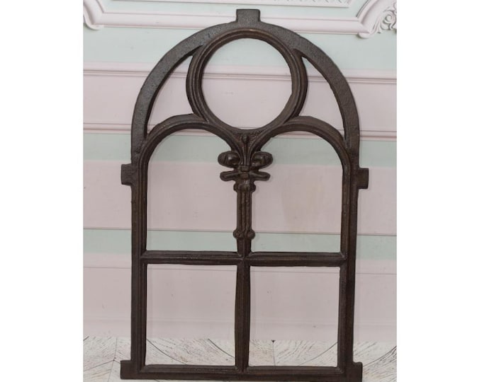 Cast Iron Window Frame with Shutters – Rustic Wall Decor – Brown Garden Accent – Vintage Style – Unique Home Gift Idea