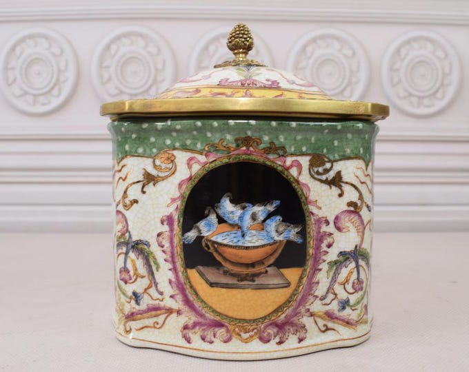 Porcelain Casket Art Nouveau - Flowers and Birds Design - Bronze Ornaments - Vintage Porcelain Box - Home Decor - Gift for Wedding