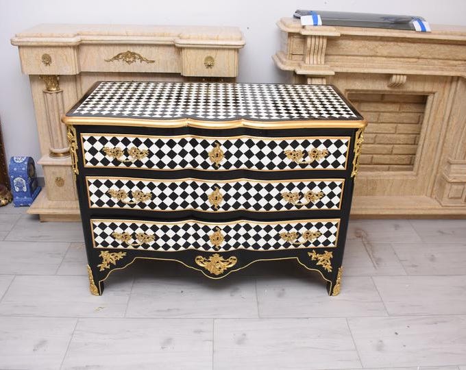 French Commode – Black and White Diamond, Vintage Baroque Chest