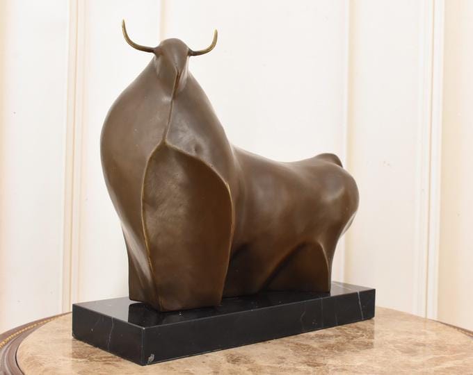 Fernando Botero Style Bull Bronze Statue on Marble Base - Vintage Sculpture - Unique