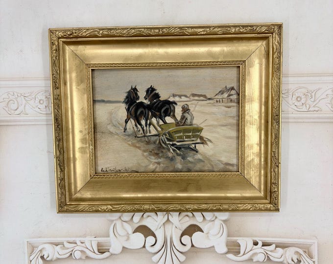 Antique Winter Landscape – Eastern Borderlands – Oil Painting on Wood