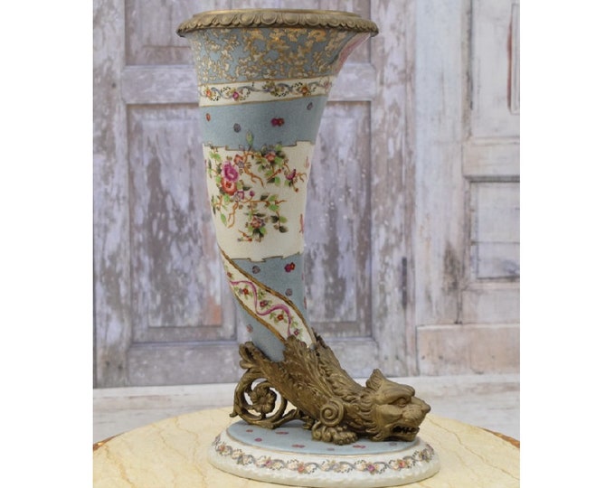 Japanese Horn of Plenty - Porcelain with Bronze Ornaments - Dragon Bronze Statue - Art Nouveau Vase - Unique Porcelain - Home Decor