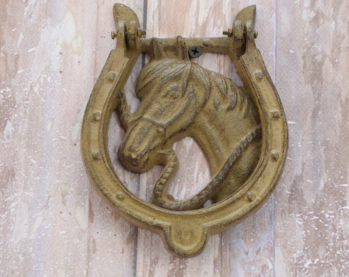 Cast Iron Door Knocker Horse - Horse Head and Horseshoe Statue - Vintage Style Figurine Horse - Elegant Decor Door - Horses Art Style
