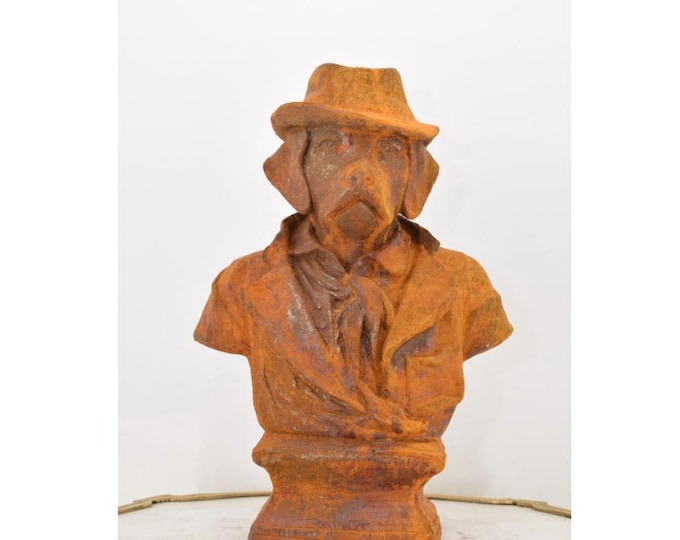 Cast Iron Funny Dog Bust in Hat & Uniform – Rustic Statue – Home Garden Decor – Unique Housewarming Gift – Regency Style Accent