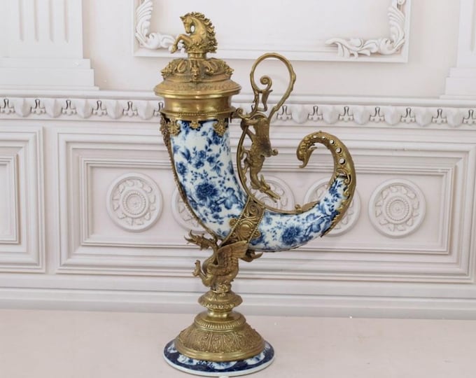 Large Blue Cornucopia - Horn of Plenty Porcelain and Bronze Ornaments - Vintage Porcelain - Gift for Wedding, Housewarming - Home Decor