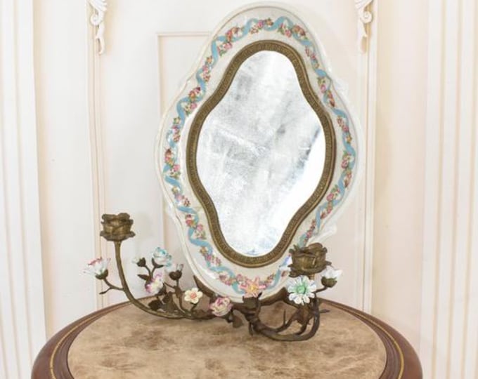 Antique French Porcelain Mirror With Bronze Candle Holders – 1900 Richly Sculpted Wall Decor – Porcelain & Bronze – Luxury Antique