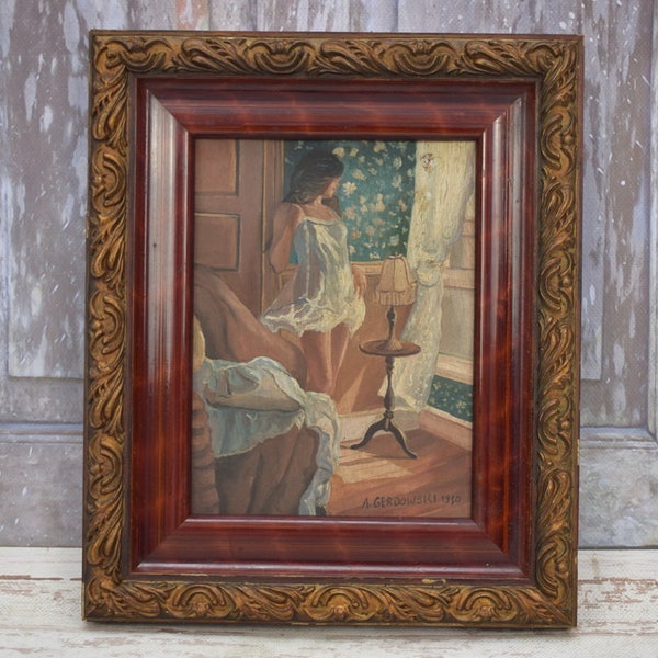 A. Gerdowski 1930 Act Woman Painting - Art Work Painting - Woman in Night Dress - Wall Decor - Home Decor - Wall Art - Goldene Frame