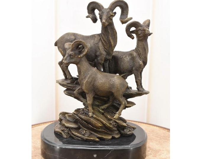 Limited Edition Bronze Statue of Three Goats on Rock – Heavy Sculpture on Marble Base, Vintage French Art Decor, Collectible Animal