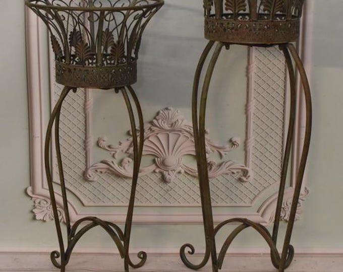Rustic Metal Plant Stands - Vintage Style Iron Garden Pedestals - Set of 2