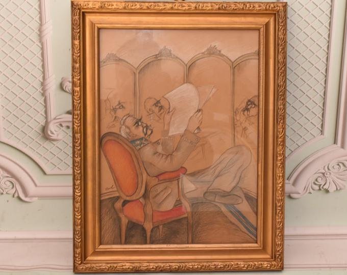 Antique Jozef Pilsudski Pastel Caricature – 1935 Vintage Polish Art