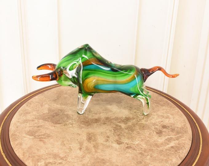 Vintage Bull Murano Style - Green Venetian Glass - Glass Figure - Home Decor - Ideal Gift Idea for Birthday, Housewarming, Wedding