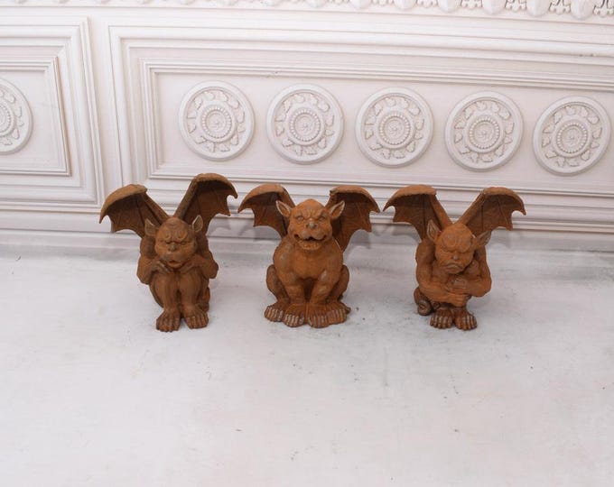 Cast Iron Three Old Figurines - Sitting Tuscan Gargoyles - Gargoyles Rustic Figurines -  Amazing Garden Statue - Gift Idea Home and Garden