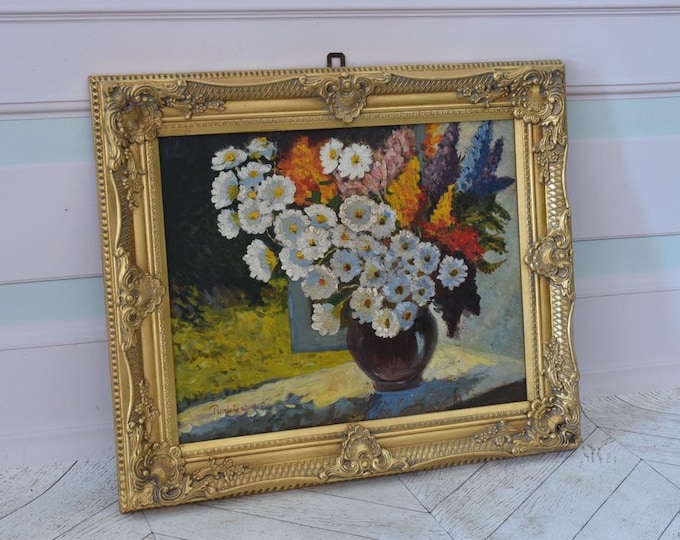 Old Painting - Flowers Painting in Golden Frame Oil on Canvas - Polish Art - Flower Wall Decor - Luxury Gift - Wall Art - Home Decor