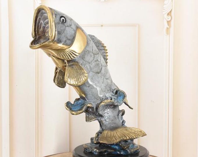 Bronze Bass Fish Sculpture with Special Patina & Marble Base — Limited Edition Bronze Art — Elegant Coastal