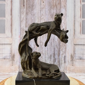 Duas Panteras Descansando - Escultura de Bronze de Panteras em Base de Mármore - Estátua de Bronze Realista - Estátua de Jaguar Pantera - Presente de Luxo - Decoração de Casa