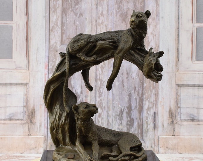 Two Resting Panthers - Panthers Bronze Sculpture on Marble Base - Realistic Bronze Statue - Panther Jaguar Statue - Luxury Gift - Home Decor