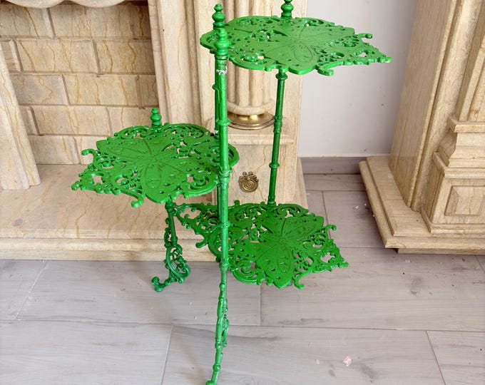 Vintage Cast Iron Flower Stand: Green Rustic Home Decor