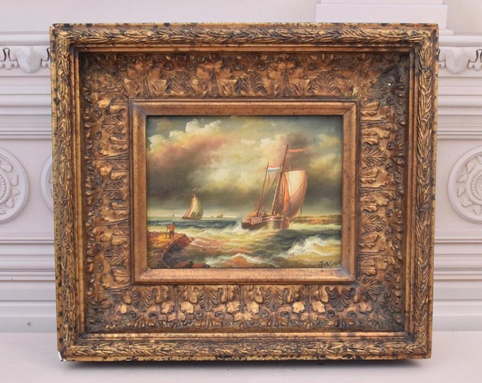 Vintage Painting Fishermen on Boat - Painting with Gold Frame - Sea Lovers Art - Painting HandMade Wall Decor - Home Decor - Gift Idea