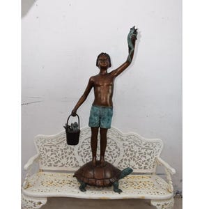 Boy Standing on Turtle Holding Frog Bronze Sculpture - Young Boy With Frog - Home and Garden Figure - Vintage Gift Idea for Birthday