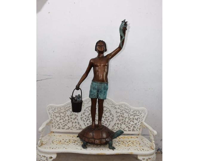 Boy Standing on Turtle Holding Frog Bronze Sculpture - Young Boy With Frog - Home and Garden Figure - Vintage Gift Idea for Birthday