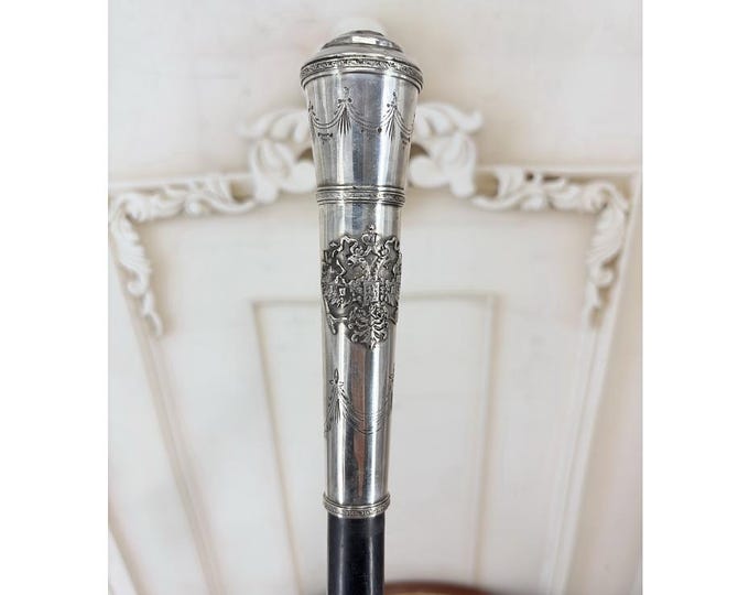 Russian 84 Silver Walking Stick – Imperial Double-Headed Eagles Cane, Brown Stone Top