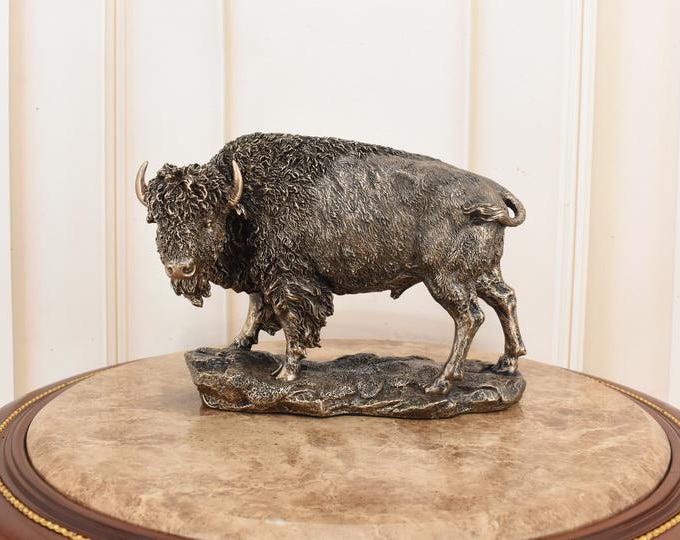 Bronze Bison Statue – Alabaster Sculpture, Vintage Wild Animal Home Decor