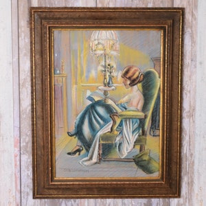Libro de lectura de mujer - Pintura pastel sobre cartón - Pintura antigua hecha a mano - Arte Wyspianski - Pintura Art Nouveau - Decoración de pared - Decoración del hogar
