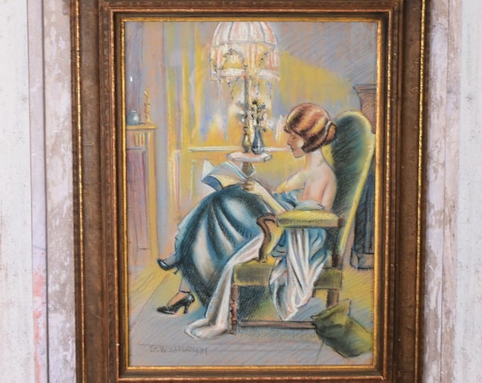 Woman Reading Book - Pastel Painting on Cardboard - Handmade Old Painting - Wyspianski Art - Art Nouveau Painting - Wall Decor - Home Decor