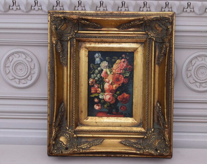 Flowers Painting in Gold Frame - Oil on Wood - Wall Decor - Wall Art- Gift for Birthday, Wedding - Flower Wall Decor - Luxury Gift