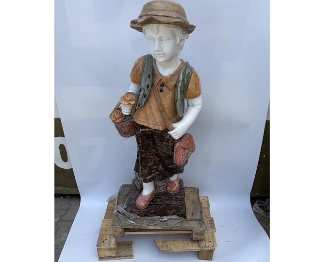 Large Vintage Marble Child Statue – French Style Garden Sculpture, Heavy Stone Figurine