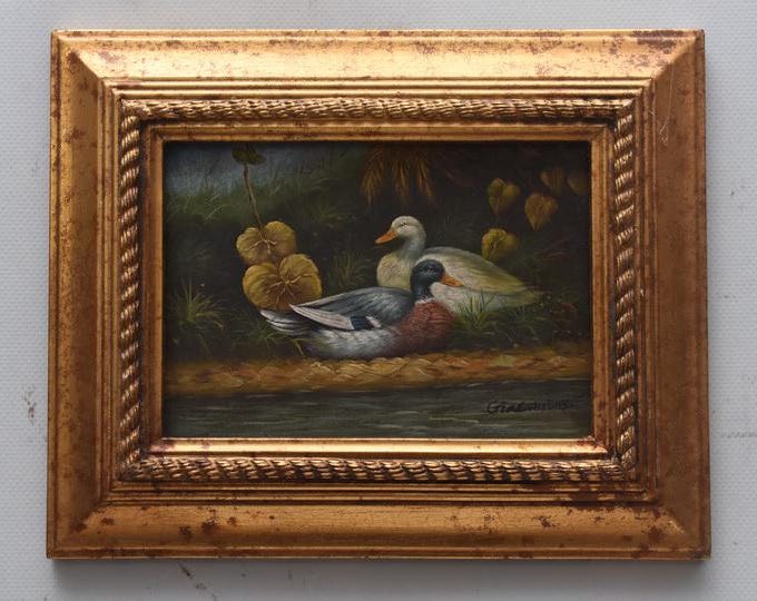 Painting Family White Ducks - Nice Frame - Ducks Painting Art - Old Oil on Wood - French Art - Wall Decor - Art Work Gift Idea for Birthday