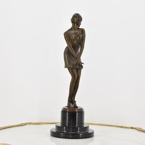 Young Model Bronze Statue in Gown with Marble Base – Signed French Sculpture – Elegant Art Piece for Home Décor