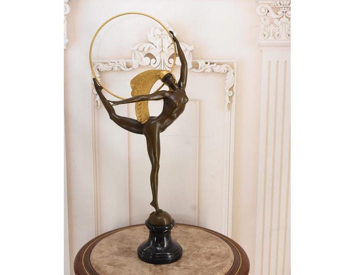 Vintage Bronze Dancer Sculpture With Hoop And Feather Headdress – Art Deco Style Statue On Marble Base – Elegant Interior Decor