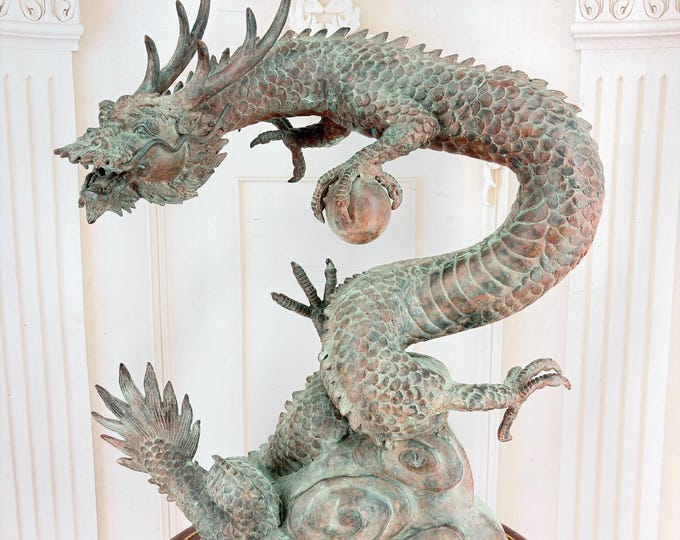 Vintage Patinated Bronze Dragon Fountain Sculpture – Green Dragon Statue Garden Decor