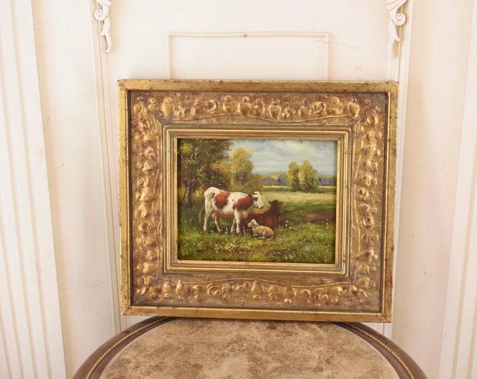 Vintage Cows Oil Painting: Rustic French Countryside Scene