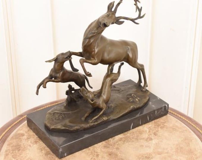 Bronze Sculpture: Hunting Dogs Chasing Deer on Marble Base