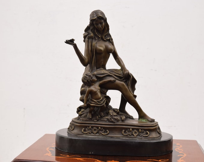 Sitting woman with an angel - mythology statue sculpture - figurine woman and cupid - home and garden decor -