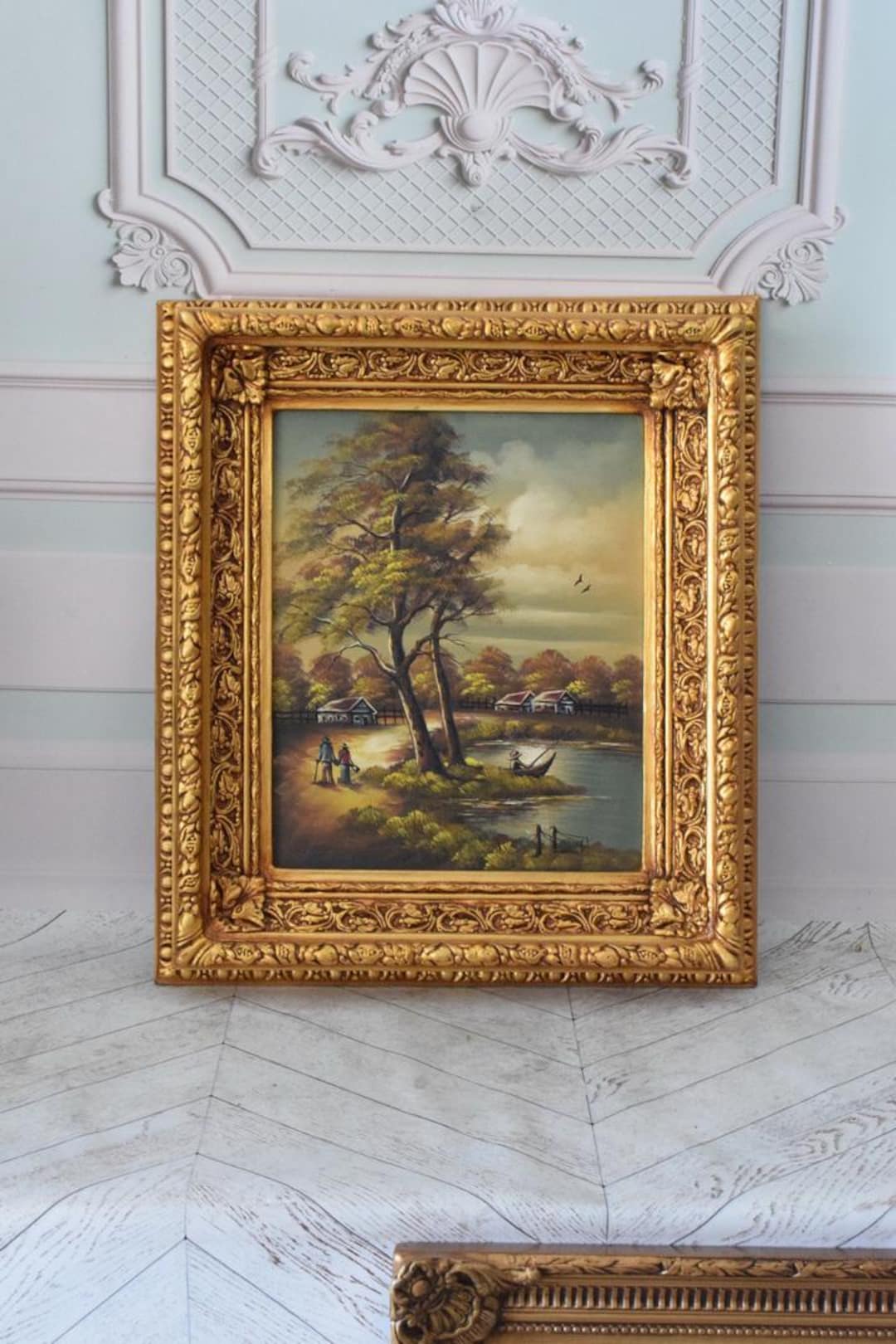 ヴィンテージフランスの村の絵画：ゴールドフレーム、ヨーロッパの風景