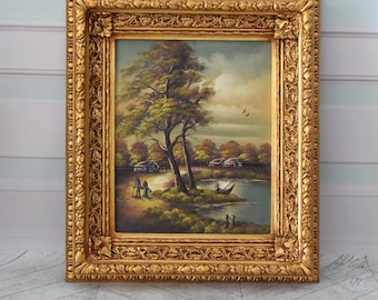 アメリカ 油彩画 庭園風景画 ゴールドフレーム額装 ヴィンテージフランスの村の絵画：ゴールドフレーム、ヨーロッパの風景